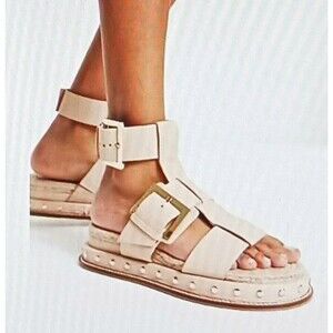 ASOS Designs Jukebox Beige Leather Gladiator Platform Chunky Big Buckle Sandal